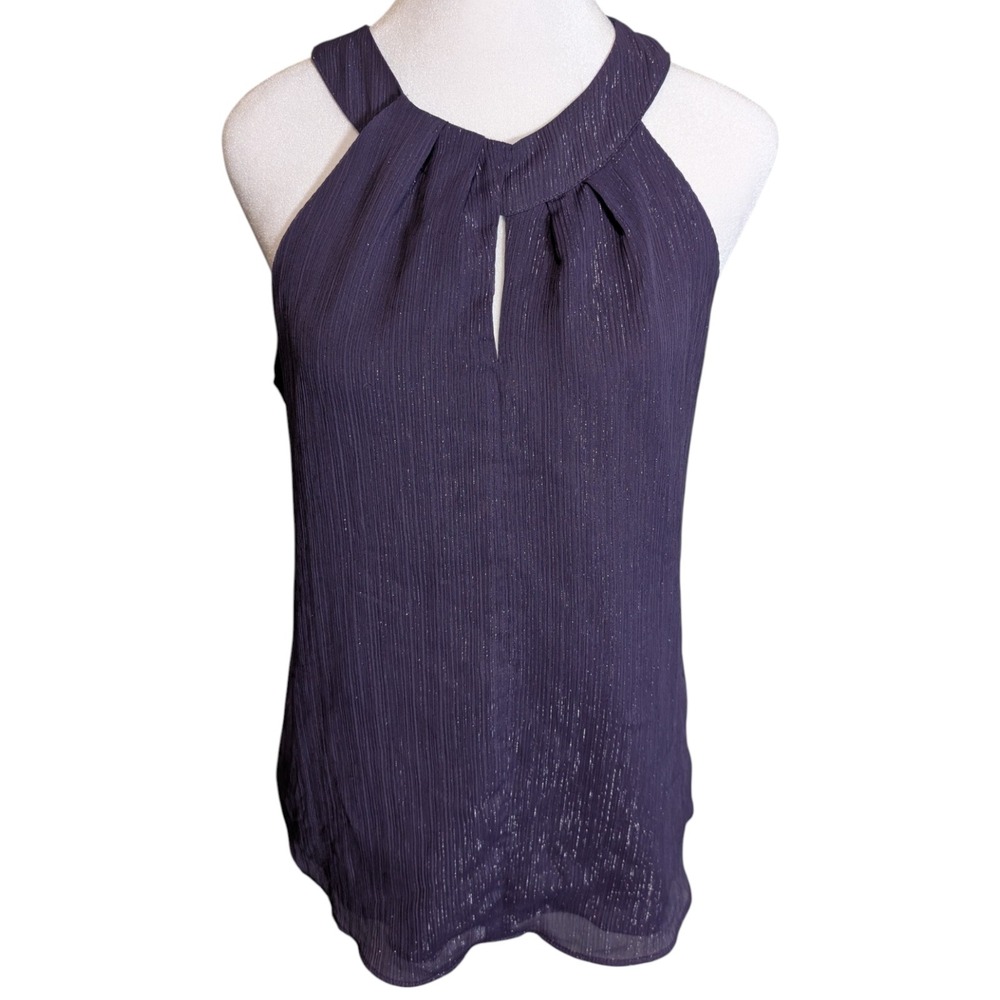 White House Black Market Purple Metallic Halter Top Pleated Keyhole Blouse Sz 4